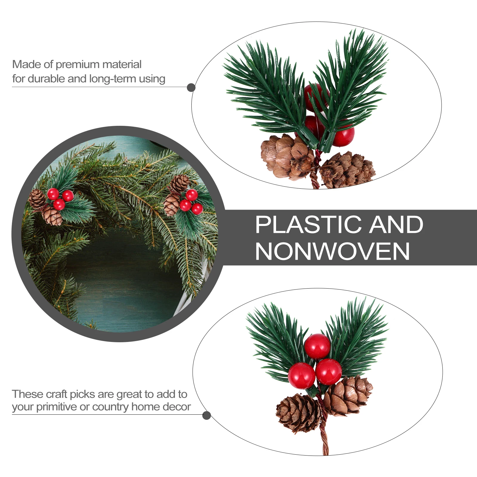 

5pcs Christmas Cone Decoration Artificial Pine Branches Fake Plant Pine Needle Berries Christmas Tree Wreath Decor