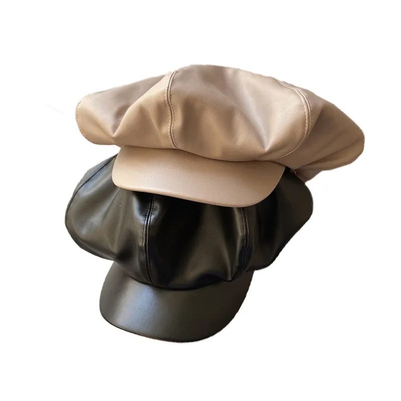 INS Mushroom Hat Fashion Large Cloud Hat Autumn Winter Black PU Octagonal Cap Women Face Small Bailey Painter Caps Gorro