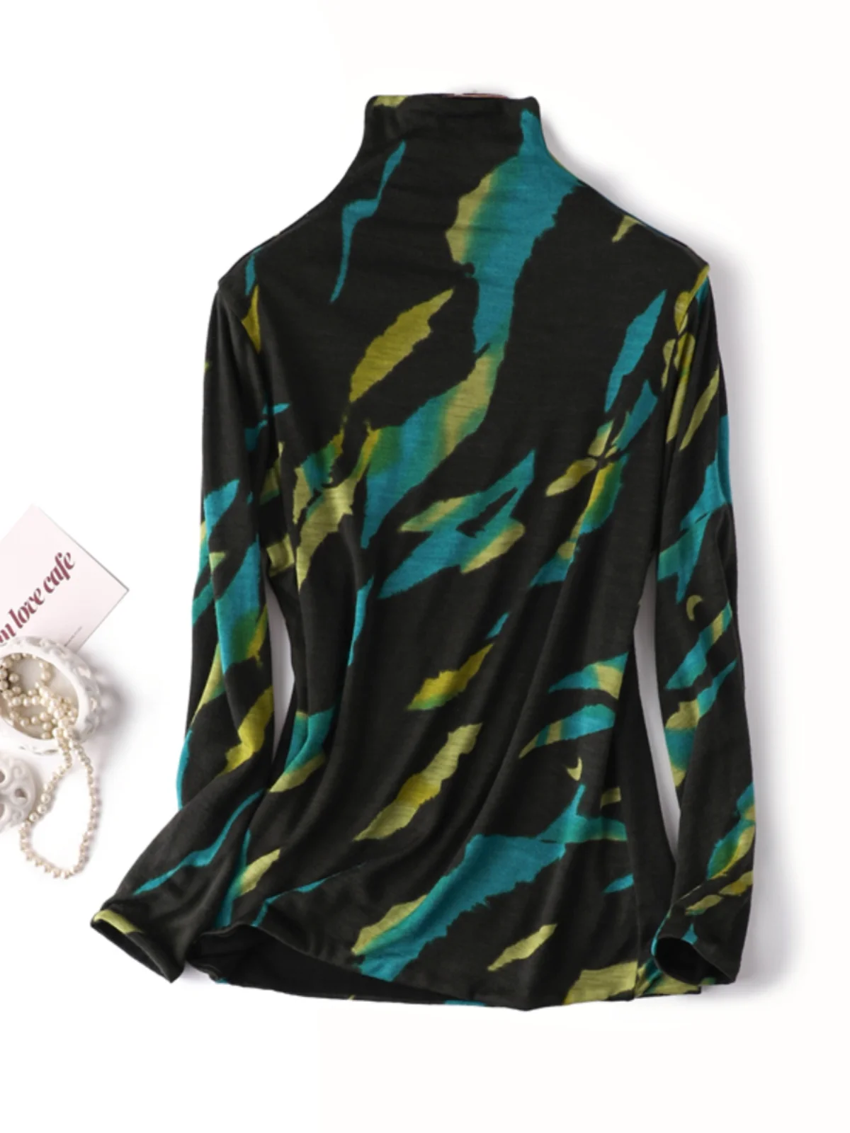 

Ladies Australian Ultrine Double Layer Pure Wool Base irt Print High Collar Long Sve Knitted Top Wool Sweater