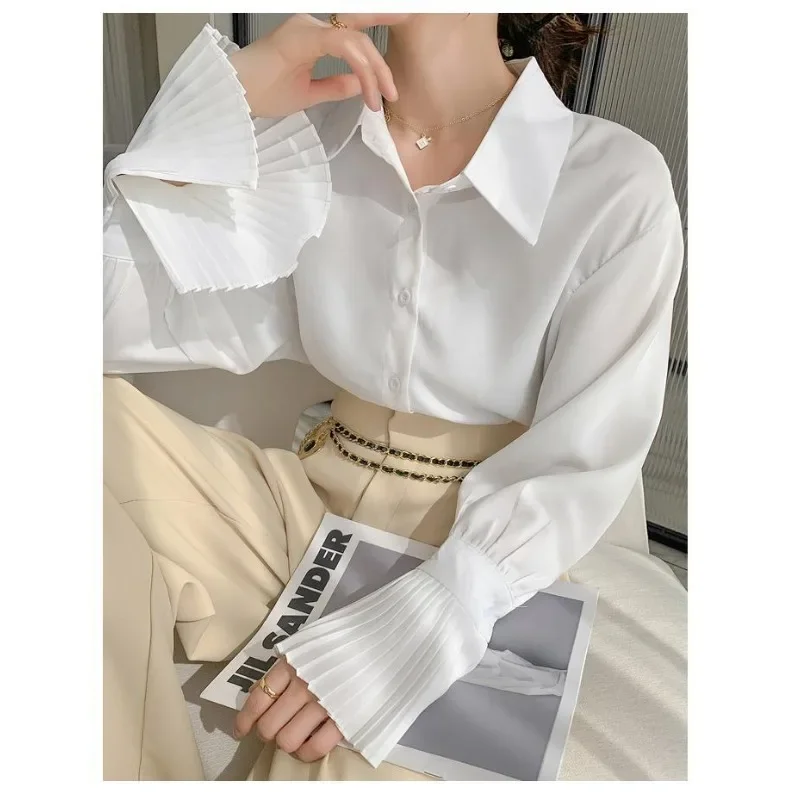 White Elegant Blouses Women Korean Style Spring Shirts Flare Long Sleeve Office Ladies Vintage Aesthetic Tops Chic Fashion