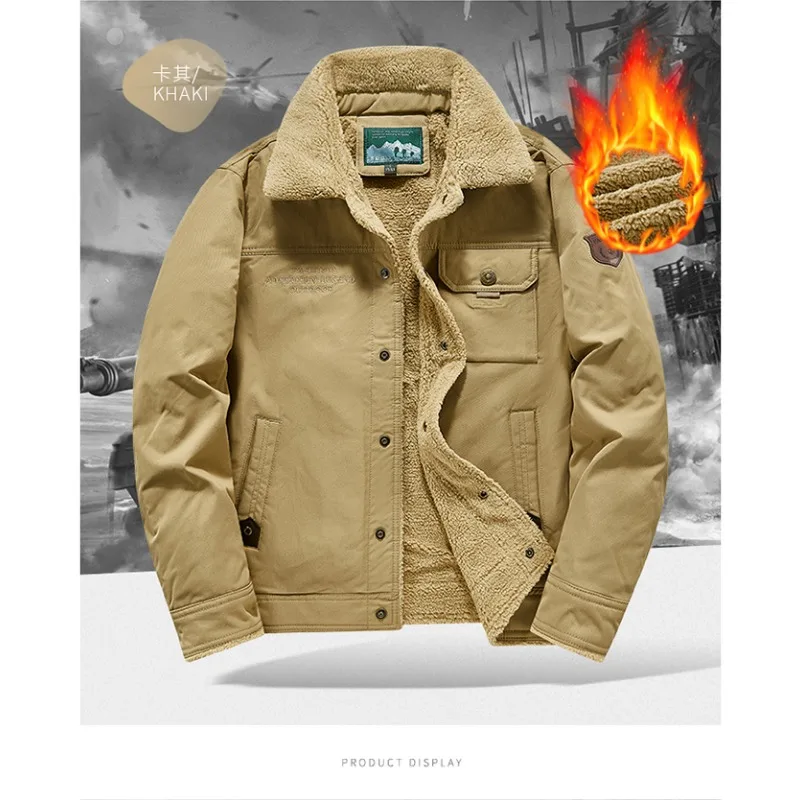 

Autumn Winter Men's Plush Thick Workwear Collar Casual Jacket Men's Workwear Jacket Fashionable and Versatile Trend Solid Color