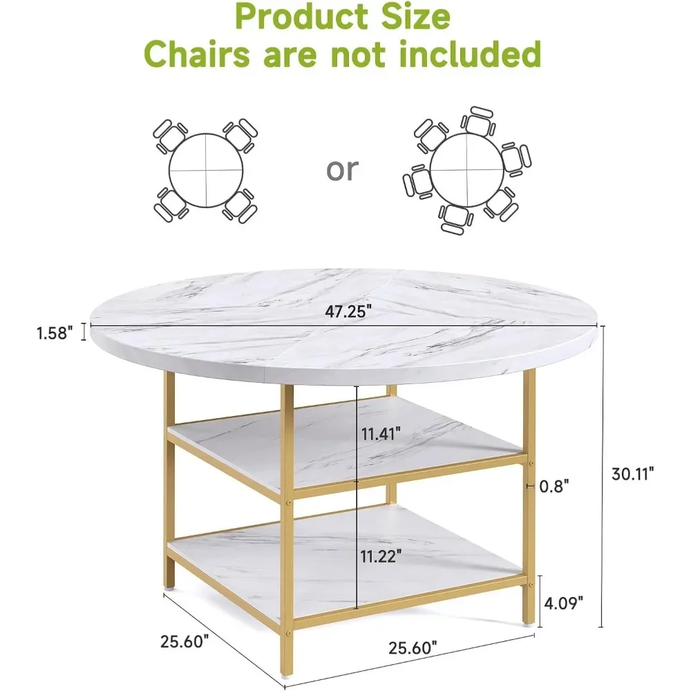 Round Dining Table for 4-6 People for Kitchen & Dining Room, Restaurant，47.24 Inch  with Storage Shelf, Wooden Faux Marble