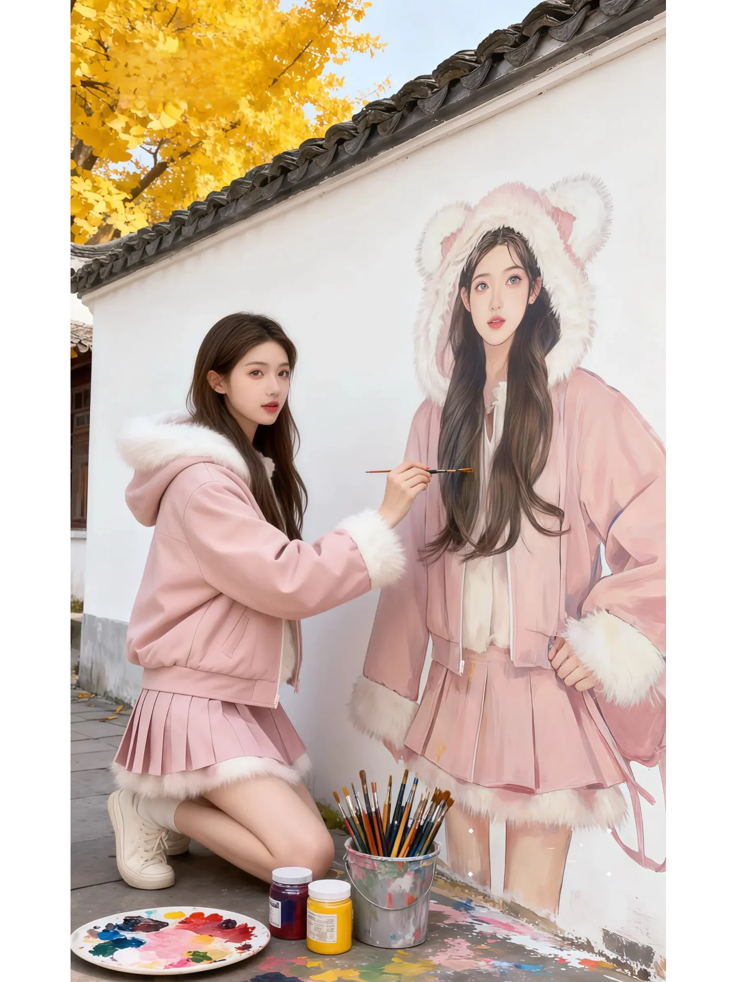 

Sweet Girl Winter Hat Fur Collar Two-Piece Set Women's ort Skirt Pink Plu Woolen Coat Warm Fce High Waist Button up