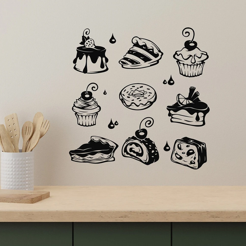 Vinilo Decorativo para Pared con Diseño de Postres, Pasteles, Muffins, Cupcakes y Tartas, Adhesivos Removibles para Ventanas de Panadería, Modelo S779