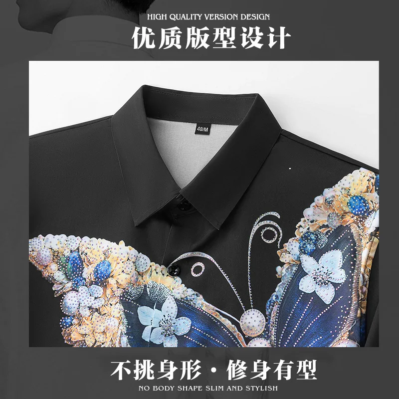 Luxury Rhinestone Shirt for Men Printed High-quality 3D Butterfly Print Long Sleeved Casual Shirts Business Social Party Blouse