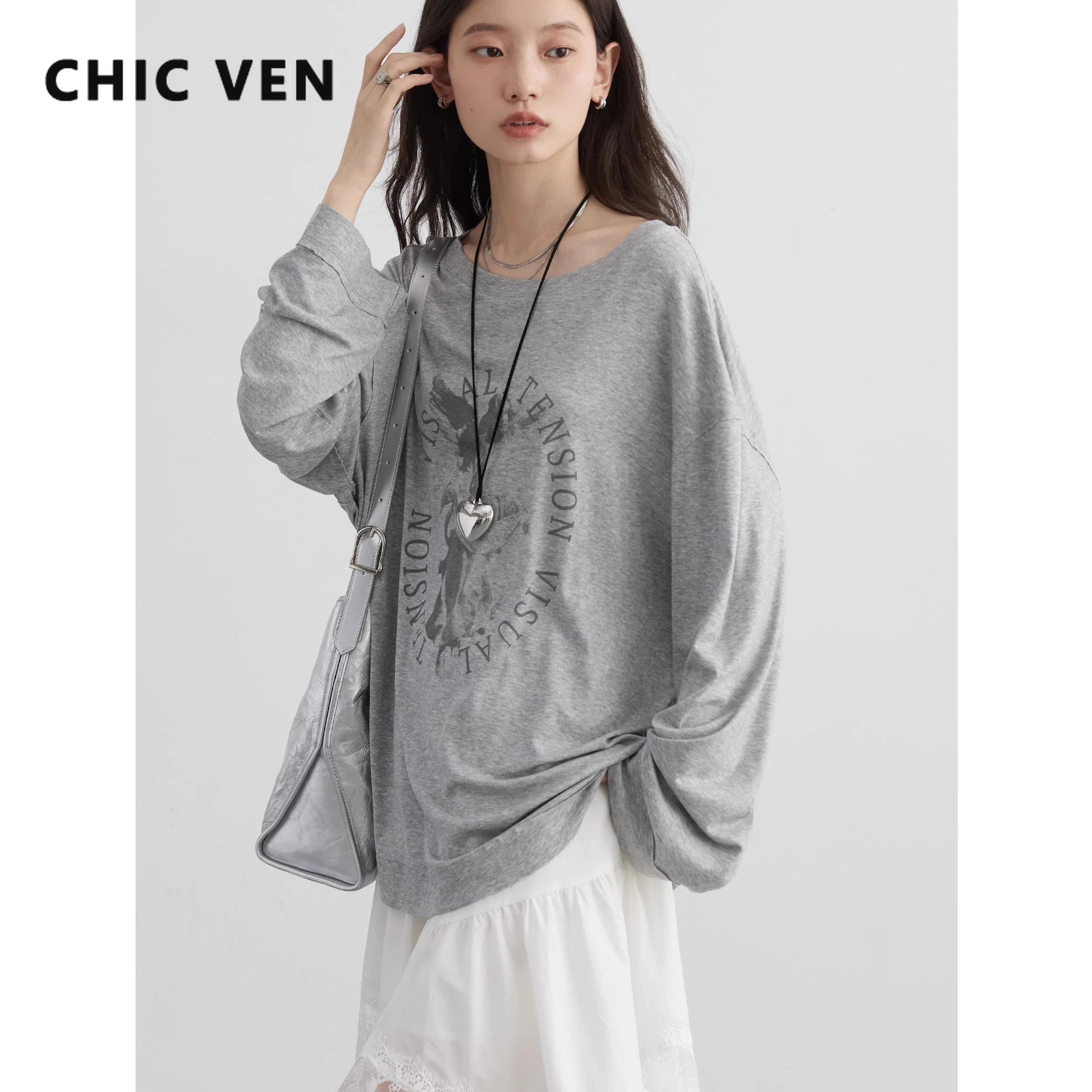 CHIC VEN Women Sweaters New Loose Tencel Letter Printed Female T-shirt O Neck Knitted Pullovers Spring Autumn 2024