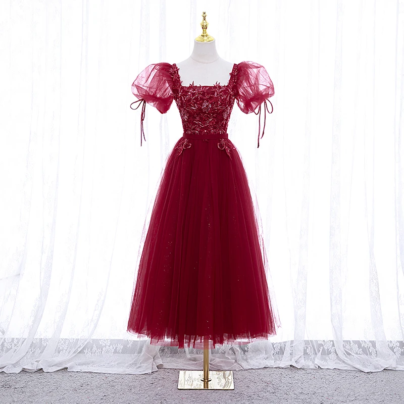 

Evening Dress Burgundy Square Collar Short Puff Sleeves Appliques Beading A-line Tea-length Plus size Women Party Dresses B2357