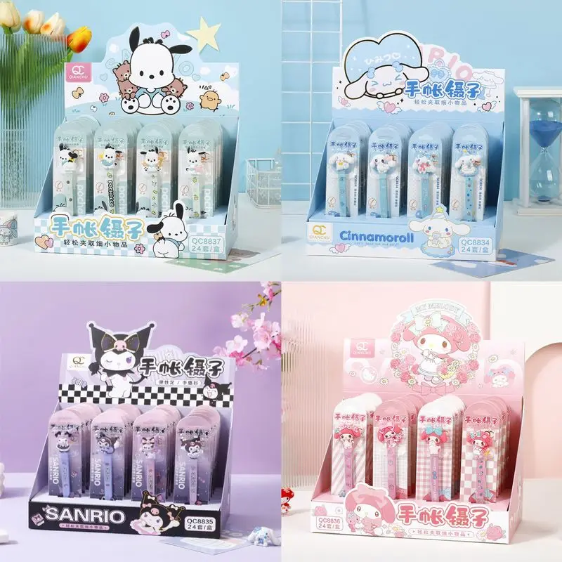 

24pcs Sanrio Stationery Set Hand Account Tweezer Set Kuromi Handmade DIY Sticker Tools Clip Pointed Tweezers School Supplies