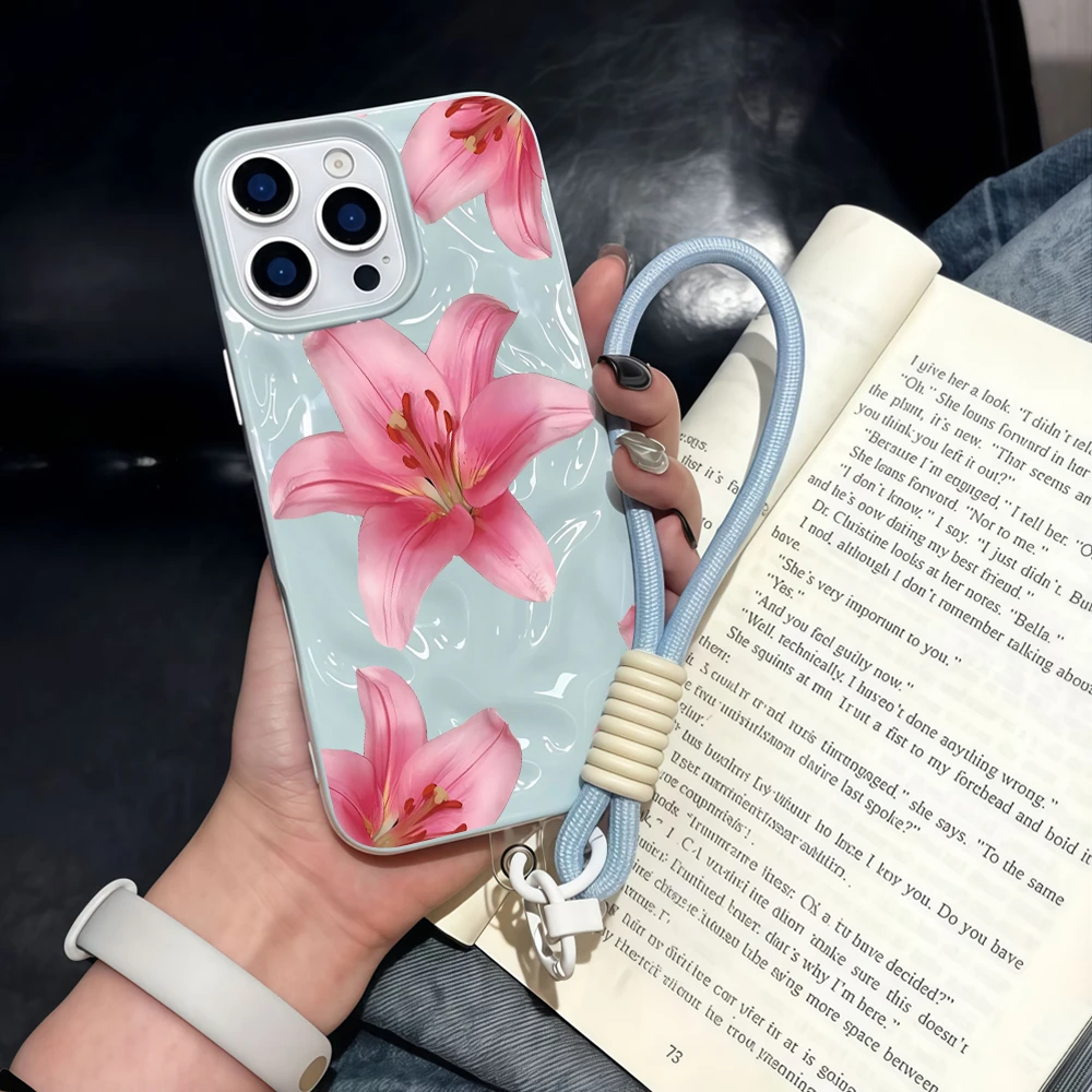 Hibiskusblüten Falten-Silikon-Handyhülle für iPhone 17 15 13 11 12 14 16 17 Pro Max 14 15 Plus 17 Air mit Lanyard INS Cover – Detail 1