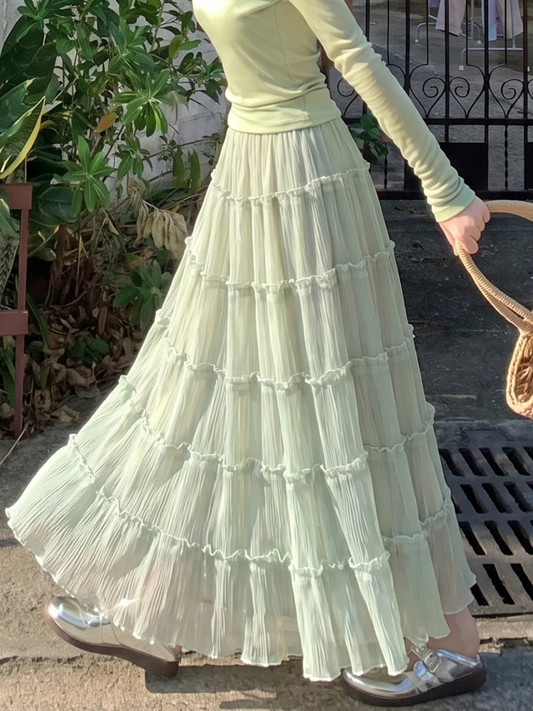 Elegant Women Sweet Long Skirt Loose High Waist Fashion Cute Ruffles Skirts Summer Chic Preppy Style Female Chic Cake Skirt New