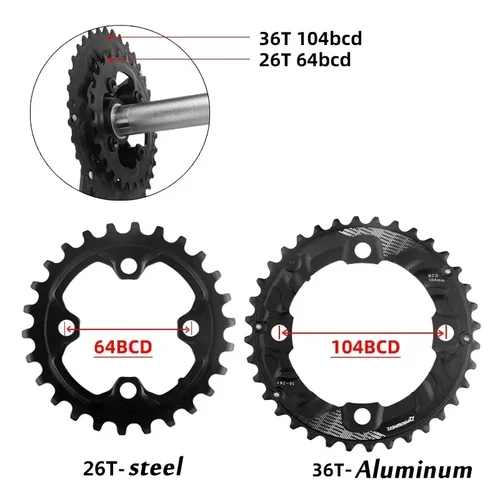 Imagen 2 del producto Prowheel 104BCD plato de bicicleta 64BCD anillo de cadena 26T 36T 28T 38T MTB plato de doble velocidad MTB rueda de cadena de bicicleta corona de bicicleta