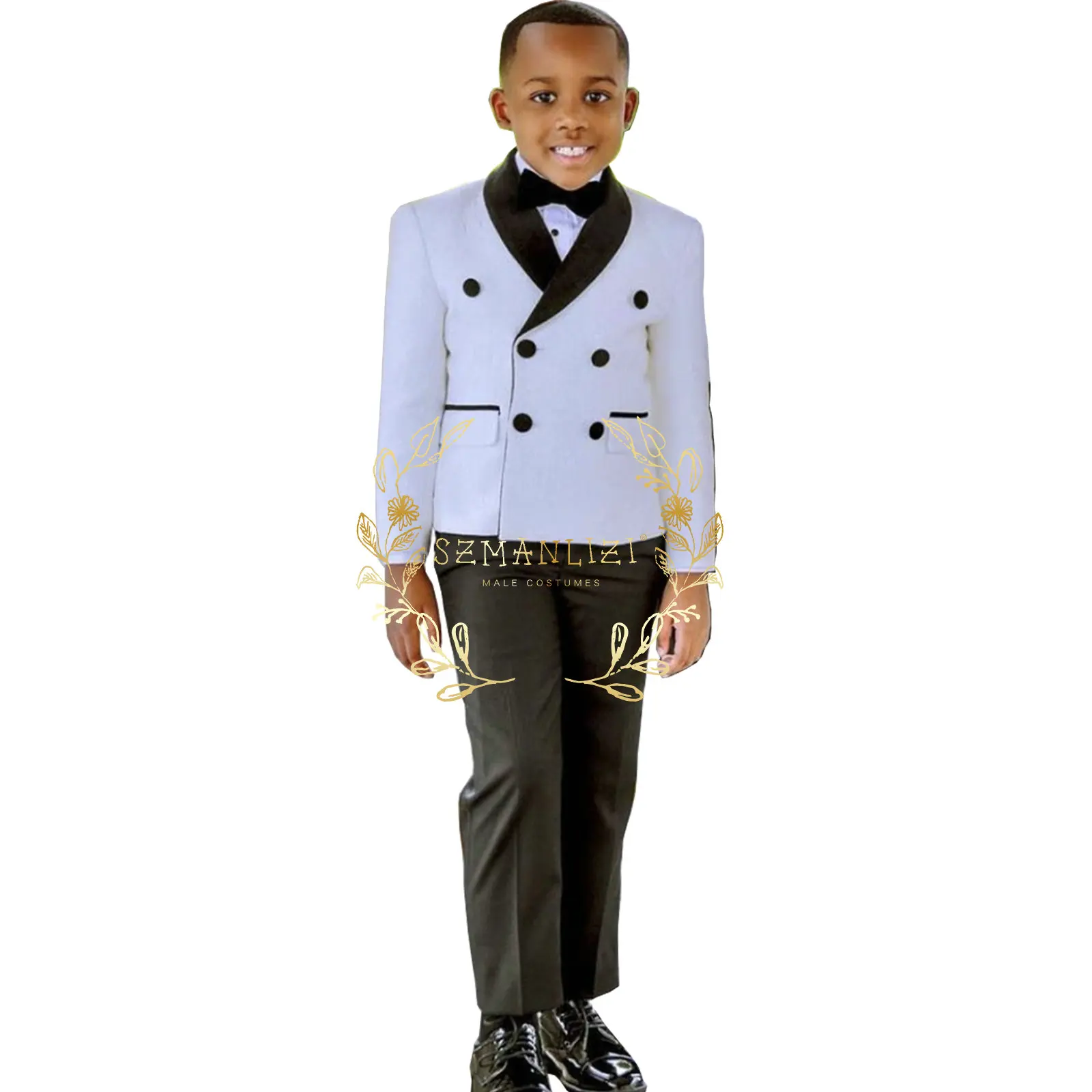 Boys Suit Wedding Tuxedo 2 Piece Double Breasted Suits Child Formal Blazer Set White Floral Jacket Black Pant Slim Fit Costume