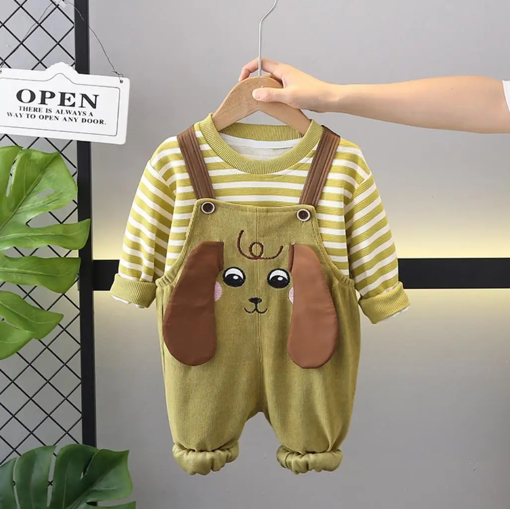 

Baby Boy 1st Birthday Outfits Spring Autumn Stripe Long Sleeve T-shirts and Cartoon Overalls Toddler Kids Sets Infant Clothing