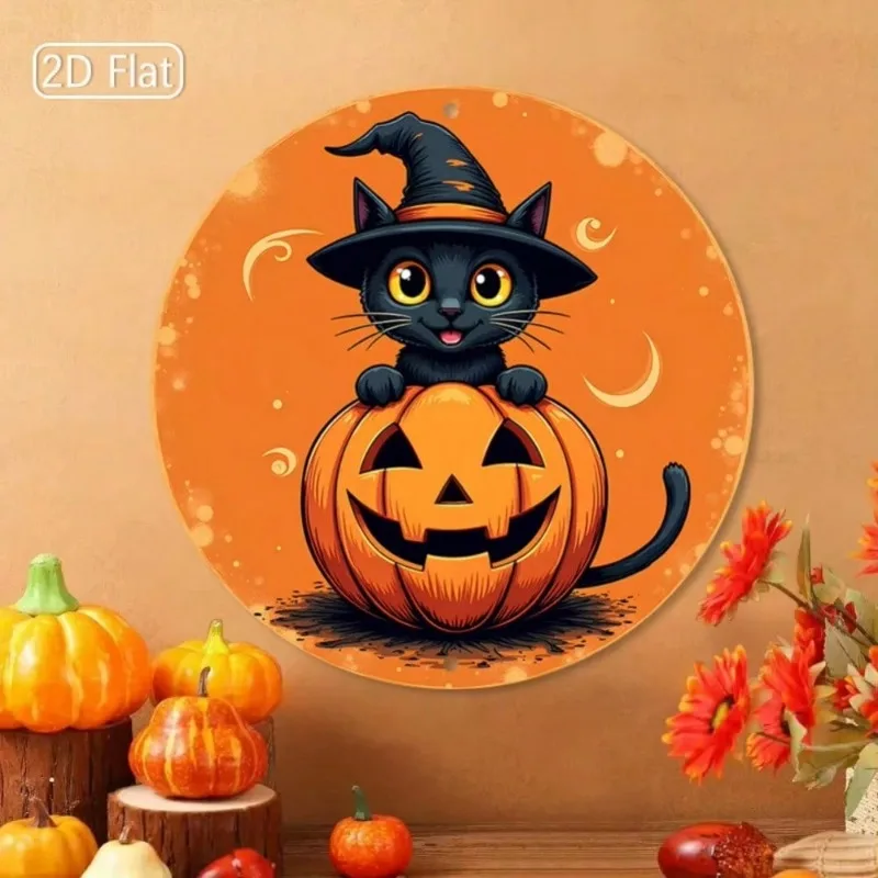 1 шт. 8x8 дюймов 2D плоский круглый металлический знак на Хэллоуин — черный кот в шляпе ведьмы на тыкве, оранжевый фон с пузырьками, легко повесить