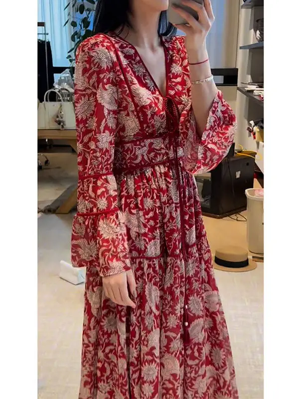 Faionable Red V-Ne Floral Dr 2025 صيف جديد Sle المرأة عالية الخصر ألف خط تنورة طويلة Sve سستة إغلاق تخفيف...