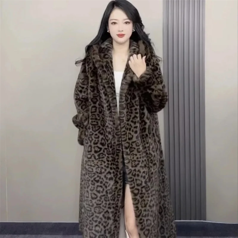 Leopard Print Lazy Elongated Fur Coat For Women's Winter Hooded Warm Environmentally Friendly Fur Coat Thick Imitation Fur Jacke