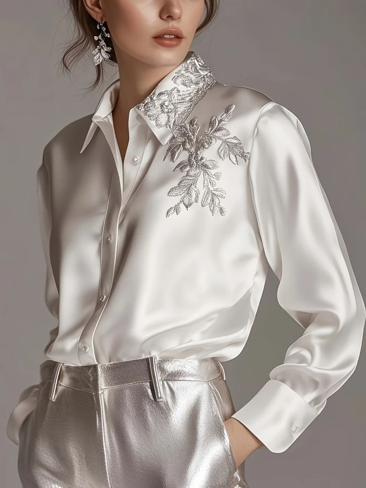 

2026 Summer Fashion New Women's Elegant Design Embroidered Top Single Breasted Loose Design Long Sleeve Top Blouse