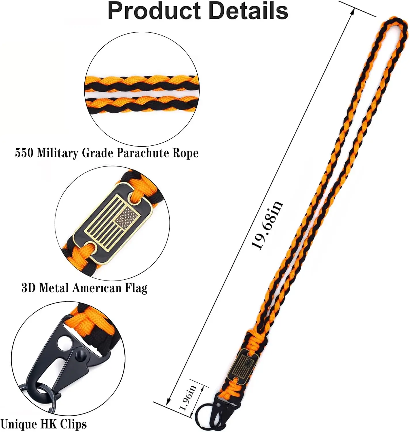 2 Pcs Heavy Duty Paracord Lanyard Necklace 550 Braided Keychain with USA Flag Parachute Rope for Outdoor Camping Hiking Keys