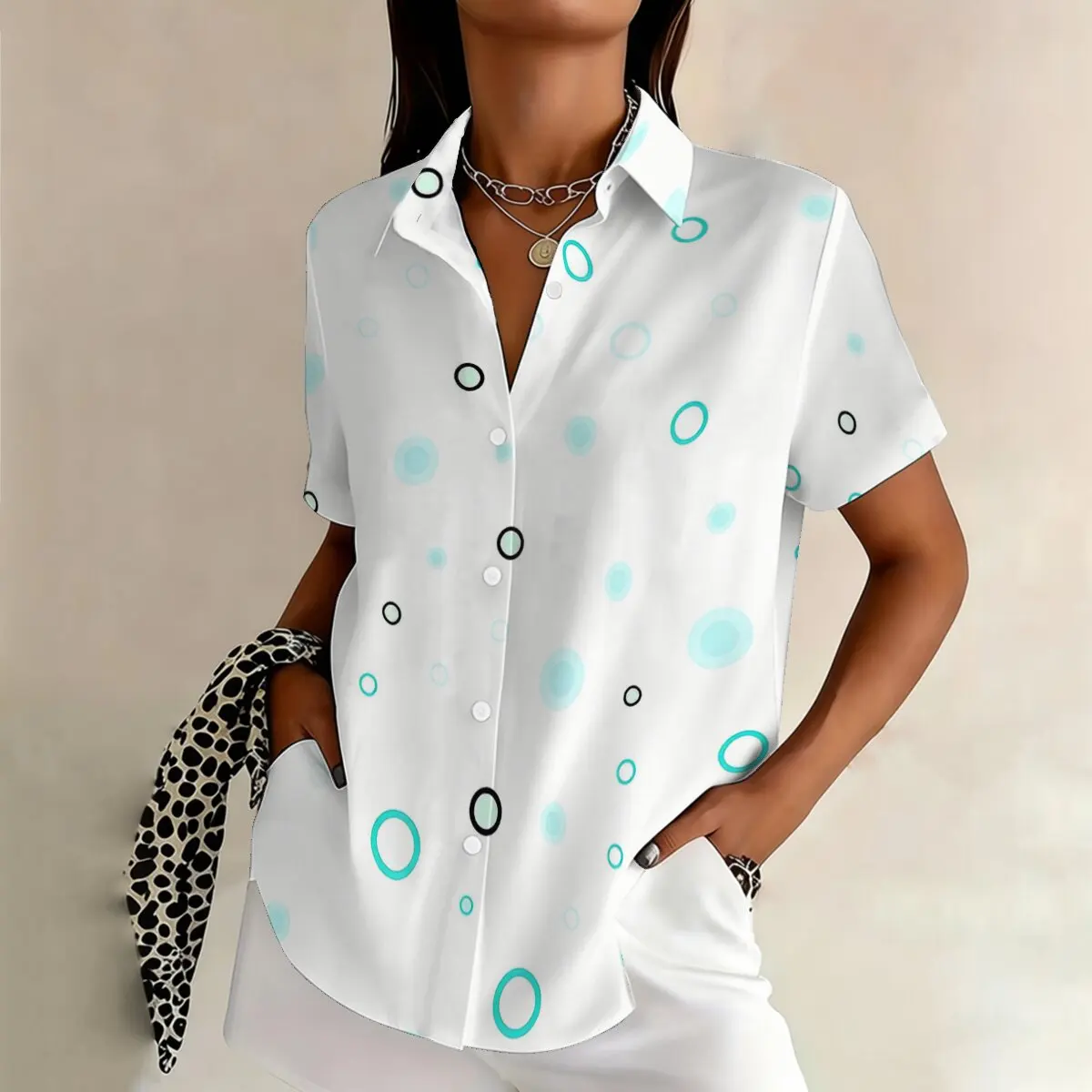 

Simple and personalized circle printed summer women's plus size lapel short sleeved shirt fashionable daily versatile casual top