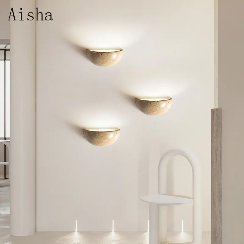 Modern Pure Natural Yellow Cave Stone Wall Lamp Creative Semicircle Wall Light Japanese Bedroom Bedside Corridor Decor Lights