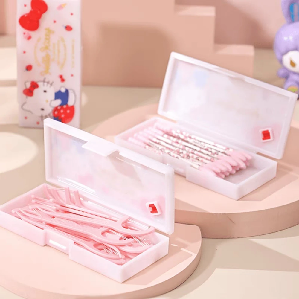 Anime Sanrio Hello Kitty Melody Mini caja de almacenamiento dibujos animados Kt gato hisopo de algodón portátil y cajas de almacenamiento de hilo Dental regalos para niñas