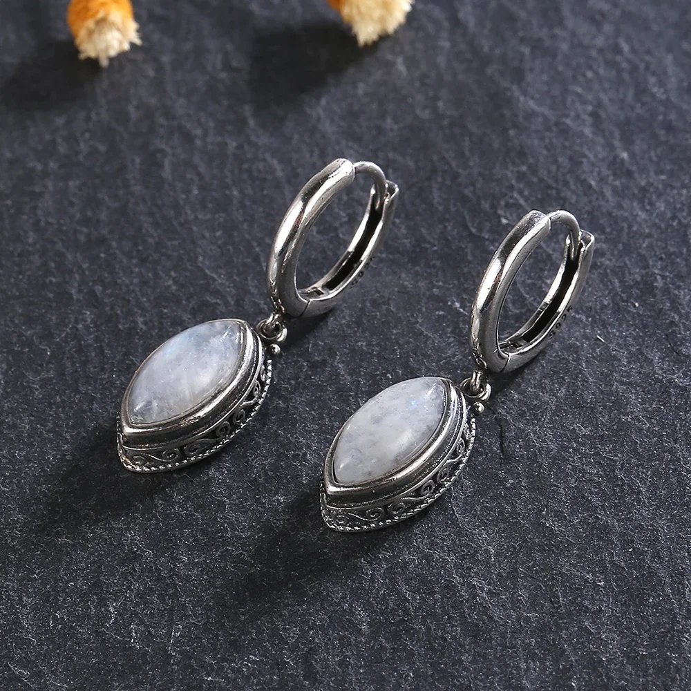 Natural Moonstone Pendant Earrings Silver Plated Jewelry for Women Fashion Retro Texture Wedding Party Accessories Gift