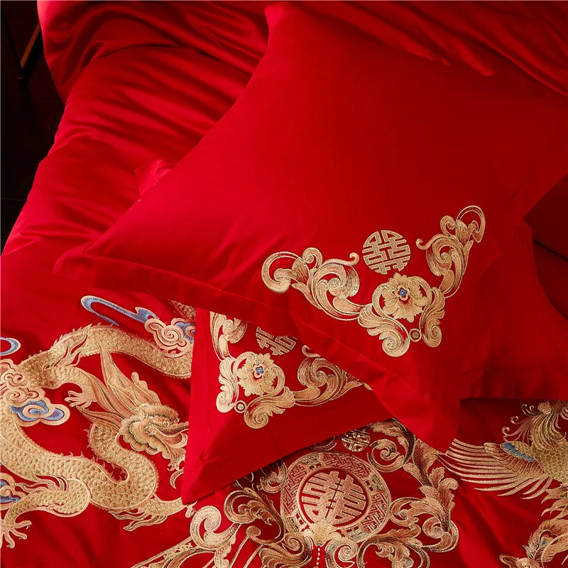 Imagem -06 - Conjunto de Cama do Casamento Chinês Vermelho Golden Loong Phoenix Embroidery Duvet Cover Egito Algodão Bedclothes Lençol Fronha Luxo