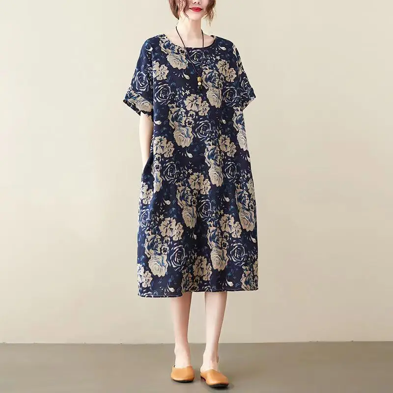 

Literature and Art Vintage Women's Clothing Summer Round Neck Floral Printing Short Sleeve Middle Length Loose A-line Dress