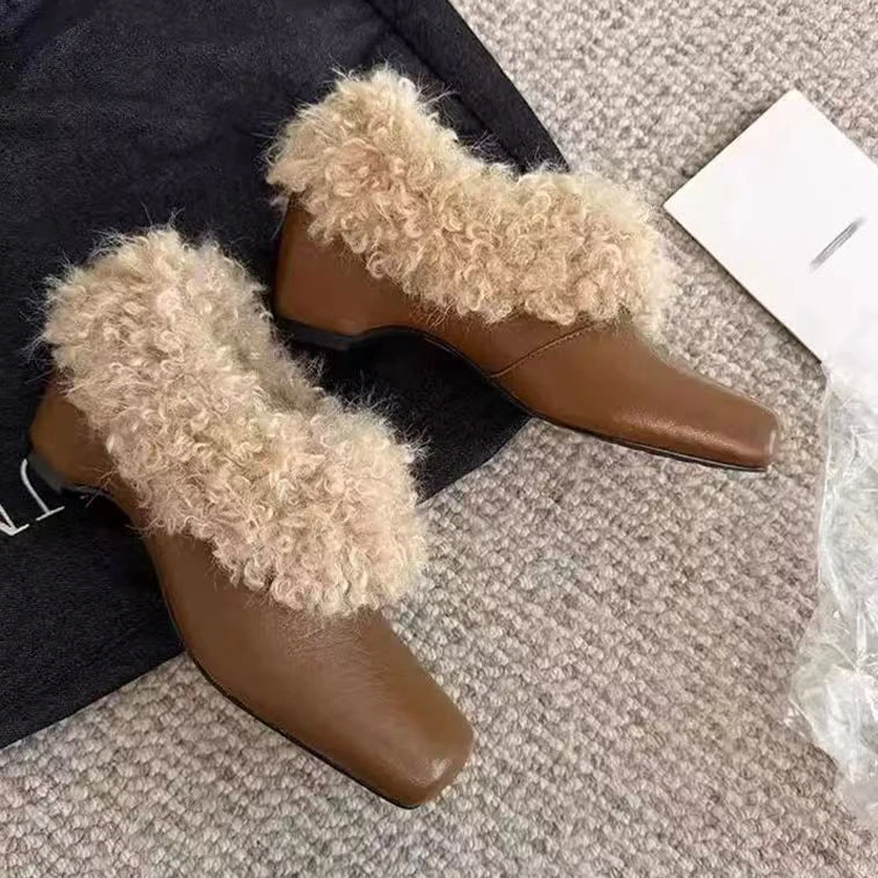 

Женские туфли на меху на каблуке, лоферы с квадратным носком, женская зима 2024, дизайнерская плюшевая обувь, повседневная обувь из мелкой кожи, Zapatos De Mujer