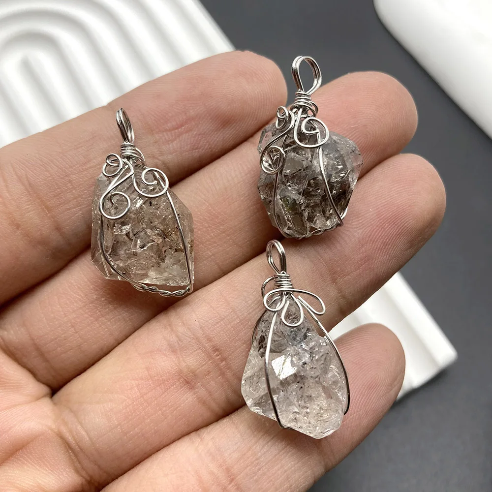 1Pc Handmade Natural Herkimer Diamond Pendant Wire Wrap Raw Crystal Necklace Energy Real Gemstone For Jewelry DIY Gift Healing