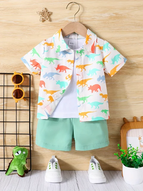 2-częściowy chłopięcy letni komfort fajne wakacje koszula z krótkim rękawem + codzienne spodenki moda sportowa wzór dinozaura uroczy garnitur