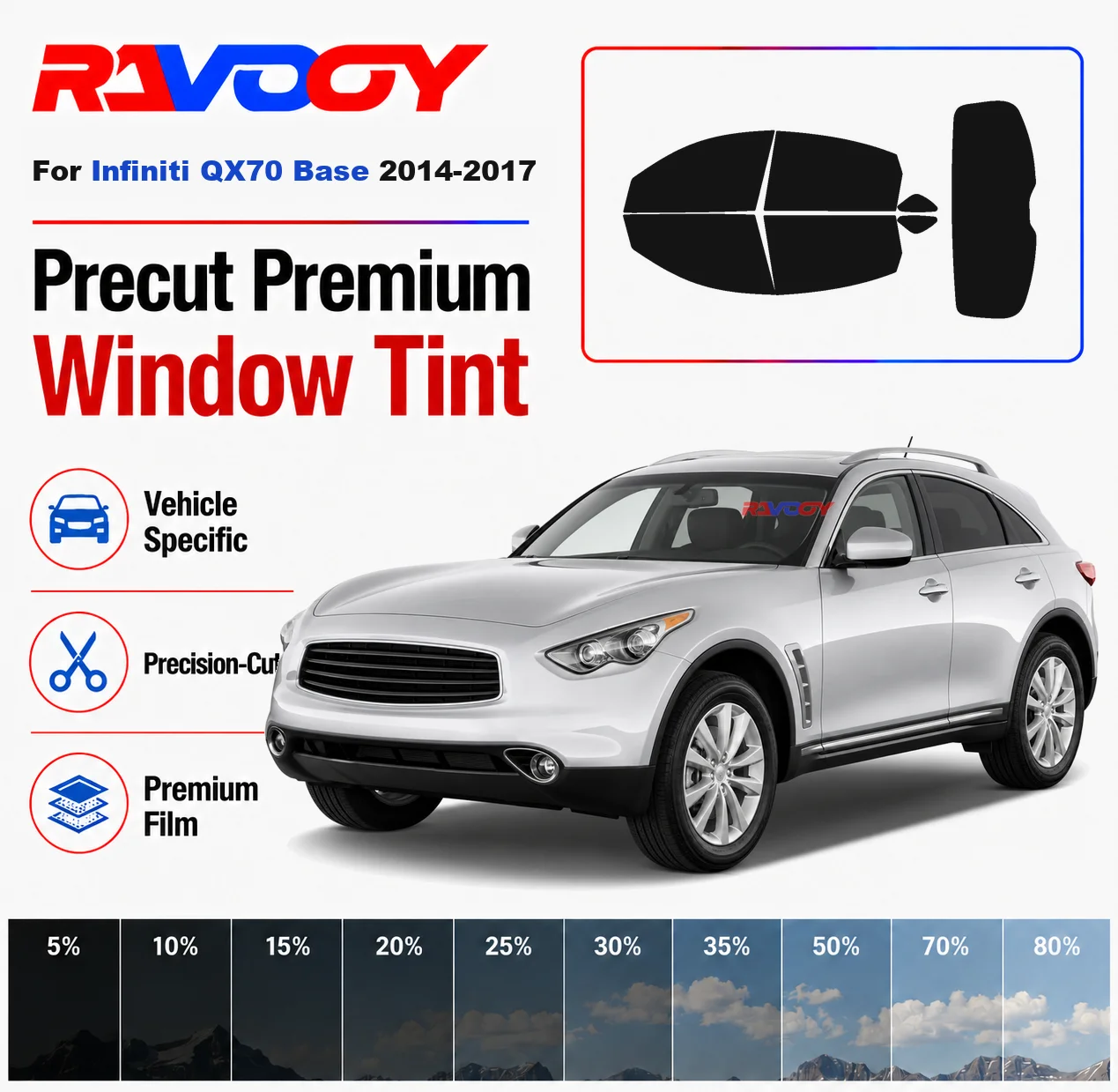 Premium Precut Window Tint Kit Front Rear Windows Rear Windshield For Infiniti QX70 Base 2014-2017 Car Solar Nano Ceramic Film