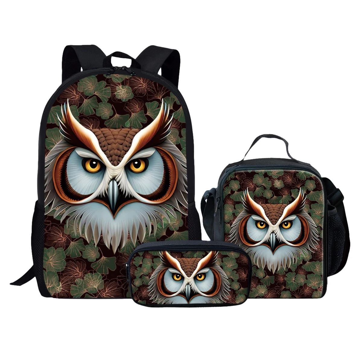 Colorido Coruja Animal Padrão School Bag Set para Meninas e Meninos, Mochila Alça de Ombro Ajustável, Campus Daily Book Bags, 3pcs