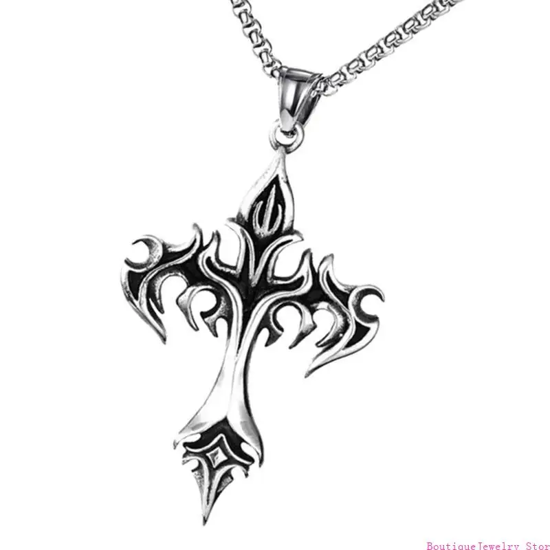 E1PE Titaniums Steel Retro Flame Crucifix Necklace Handmade Neckchain for Women Men Stylish Metal Pendant Collarbone Chain