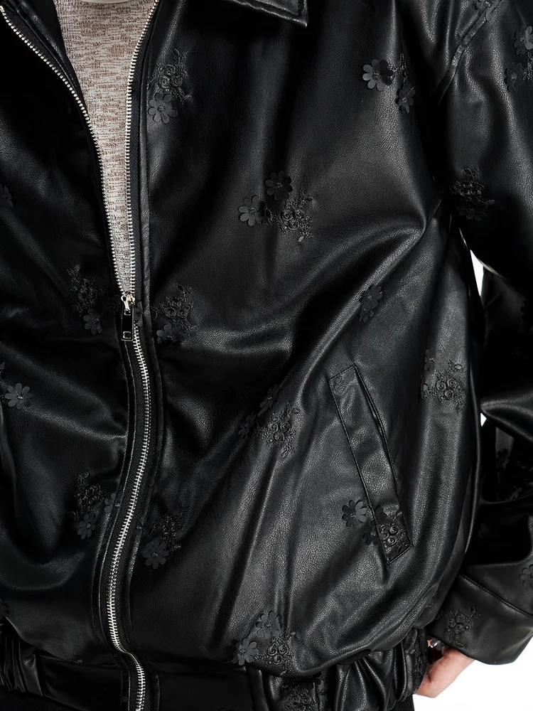 

Sli Couple PU Leather Jaet Men's Women's Biker Coat Autumn Winter Embroidered Trendy Outerwear Windproof Thiened Zipper