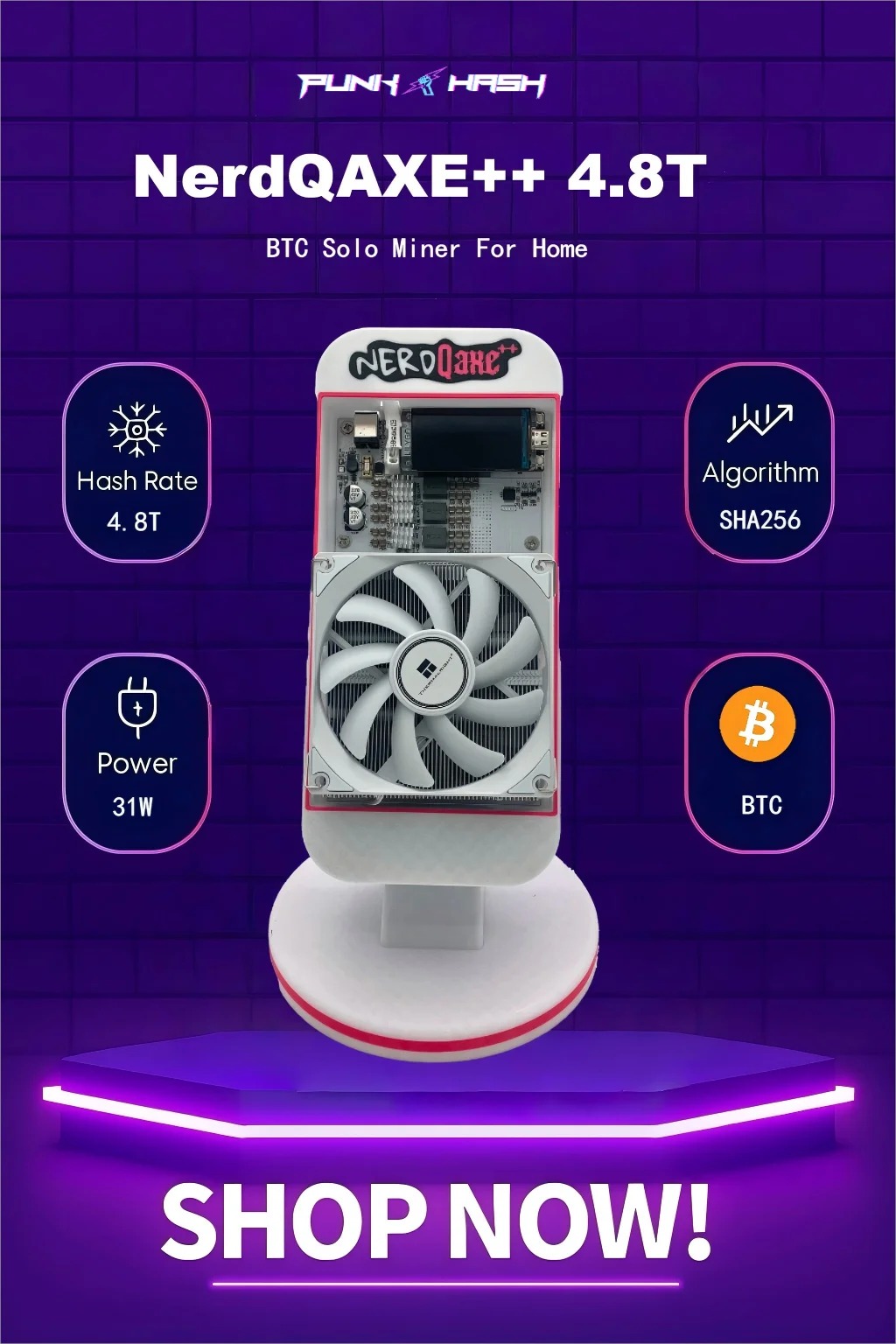 

Bitcoin Miner NerdMiner Bitaxe NerdQaxe++ 4.8TH/s Solo BTC Miner with BM1370 Chips – EU/US/UK/AU Plug Included