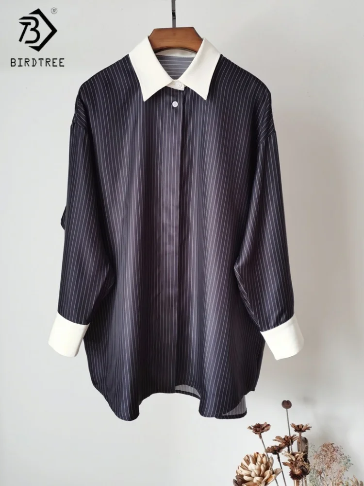 

Birdtree,100% Mulberry Silk Blouse,Women's Stripe Lapel Long Tops,Full Sleeve,Commuting,2025 New,Casual Loose Shirt T5D412JF
