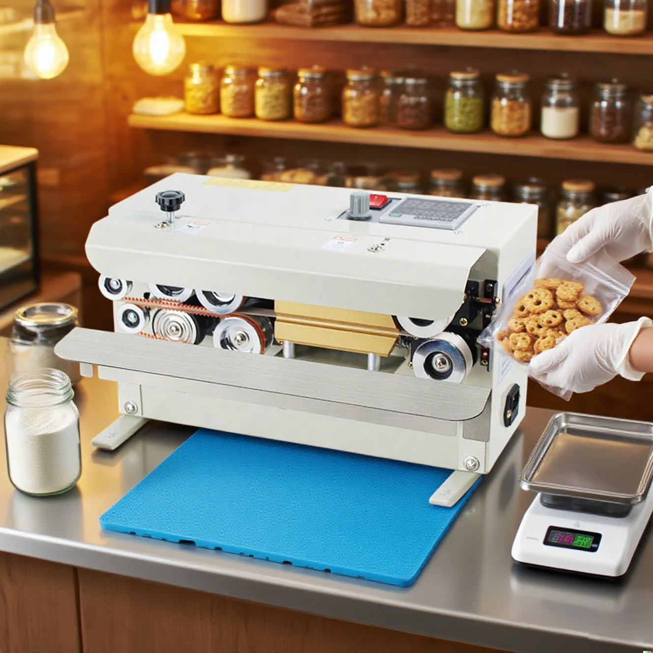 MINI Bag Packing Continuous Band Sealing Machine Plastic Bag Sealer Tabletop Easy Operation FR - 550 with Date Printing Optional