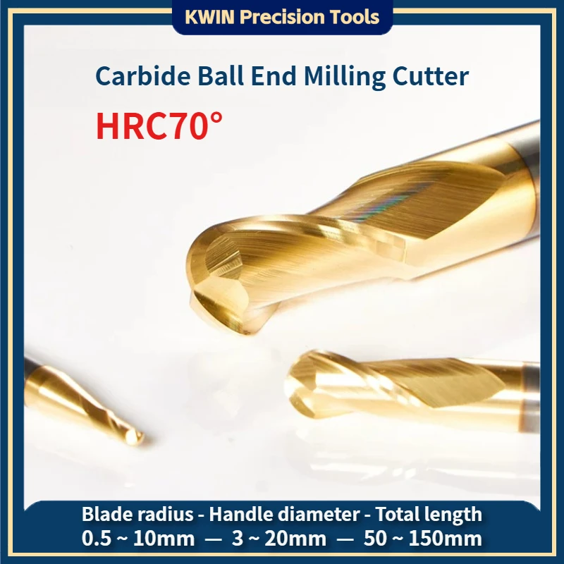 Stainless Steel Titanium Alloy Used 2-Flutes Ball Nose Milling Cutter HRC70° White Gold Nano Coating Tungsten Steel End Mills
