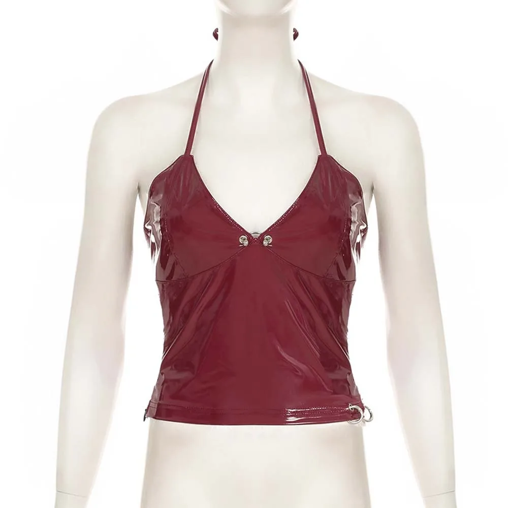 

Deep V-strap PU Leather Camisole Metal Button Sleeveless Solid Red PU Corset Glossy Blouses Streetwear Crop Tops Travel