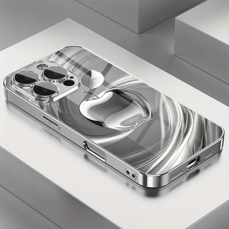 

Stylish Silvery For Apple Pattern Glass Electroplated Phone Case For iPhone 17 16 15 14 13 12 11 Pro Max Plus 16E 17 Air Cover