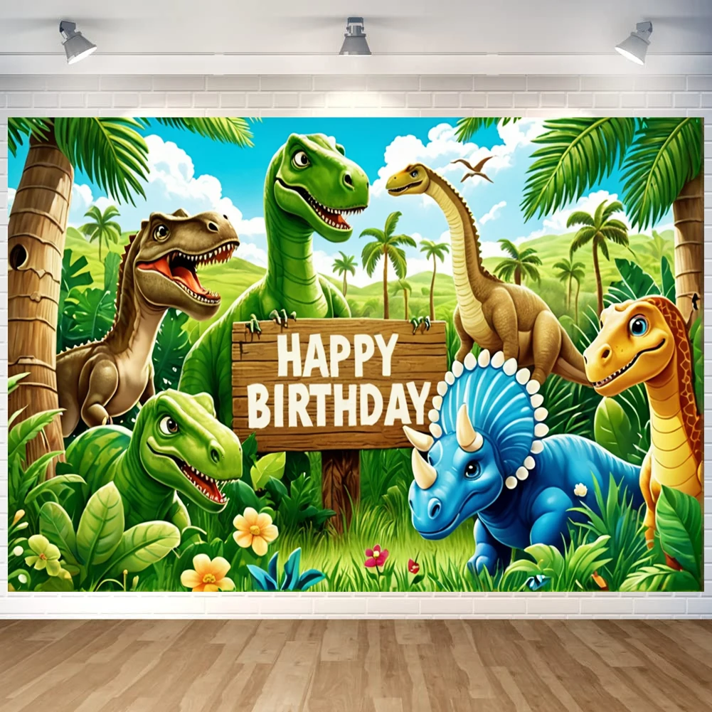 Children Dinosaur Jungle Explore Birthday Party Backdrop Polyester Photo Booth Background With Balloons Flowers Versatile Indoor