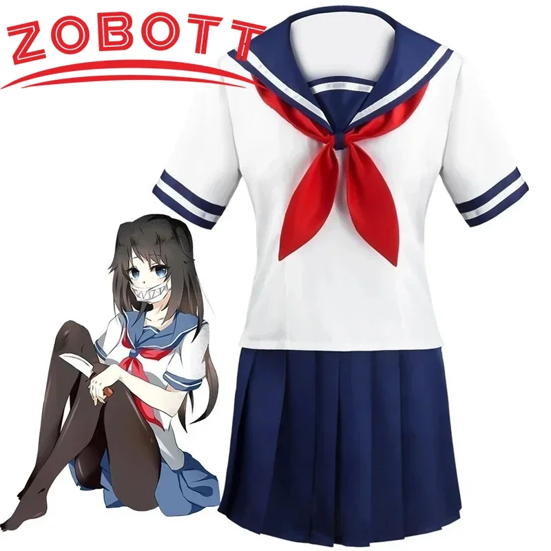 Halloween Party Girl's Navy Blue Sailor Skirt Pantyhose Loli Black Leather Shoes Yandere Simulator Ayano Aishi Cosplay Costume