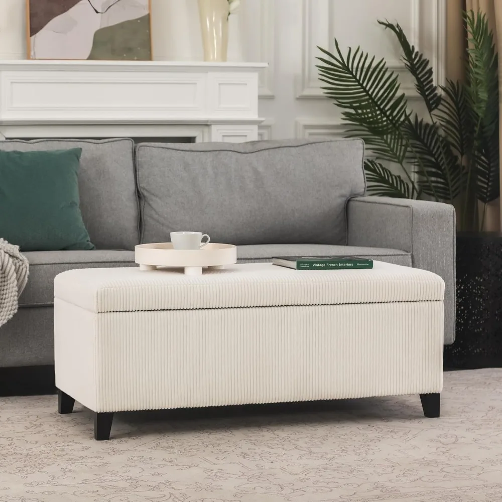Banco otomano de armazenamento em tecido de veludo bege, retangular de 42 polegadas, com parte superior elevatória para sala de estar