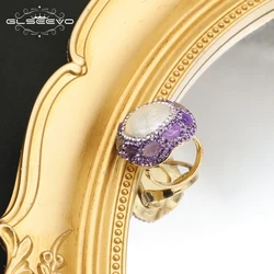 GLSEEVO Vintage Natural Baroque Freshwater Pearl Ring for Women Purple Crystal Gemstone Ring Luxury Personality Jewelry Gift