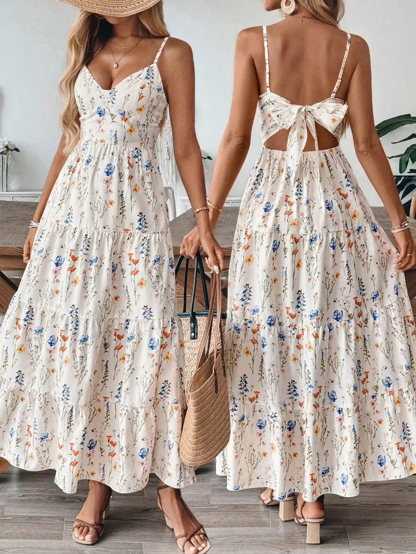 

Платье макси с цветочным принтом, многоярусной юбкой, бантом на спине и V-образным вырезом