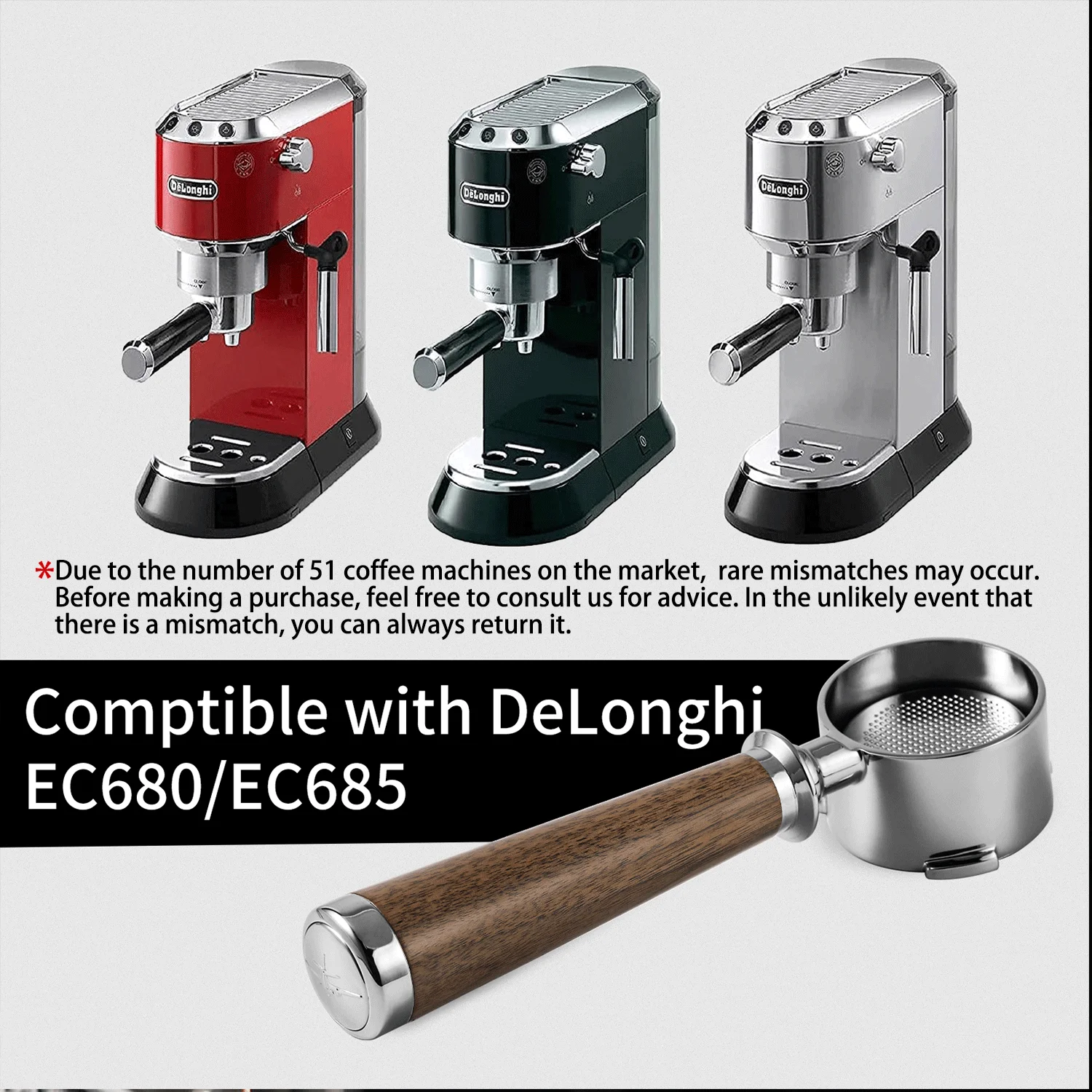 MHW-3BOMBER Bottomless Portafilter for Delonghi Vintage Wooden Handle