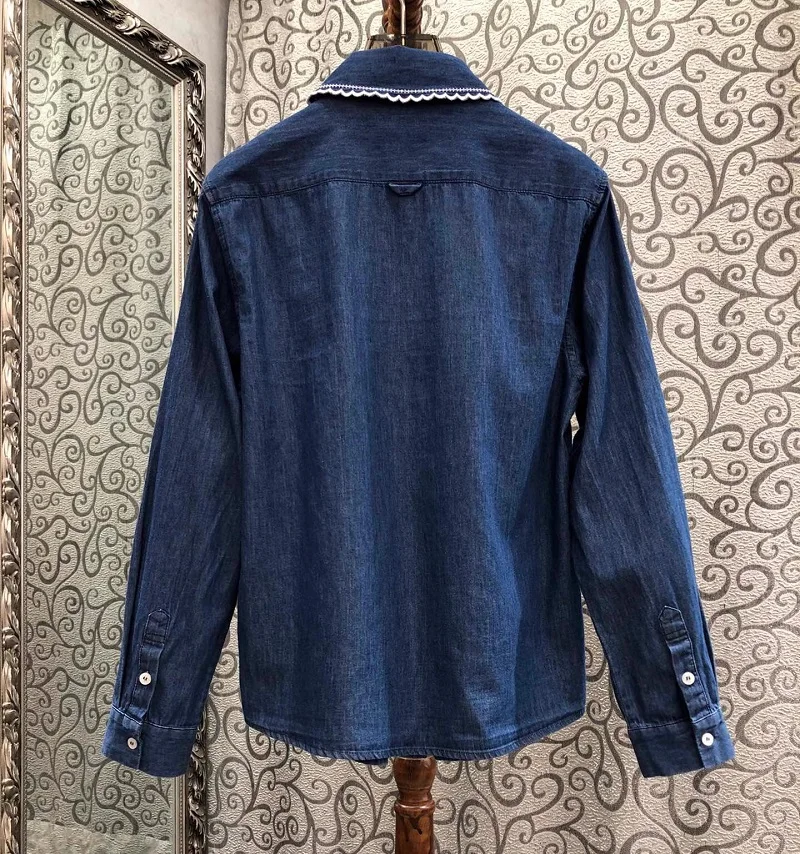 100%Cotton Denim Shirts 2025 Spring Blouses Lady Embroidery Turn-down Collar Chest Pocket Patchwork Long Sleeve Blue Jeans Shirt