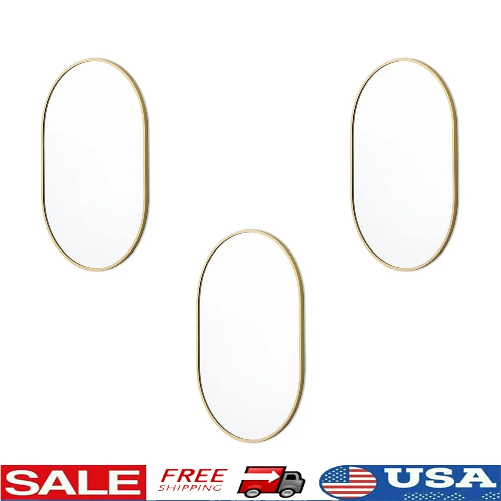 Juego de 3 espejos de pared modernos en forma de cápsula con cadena extraíble, marco de aluminio duradero y acabado en latón, exhibición versátil