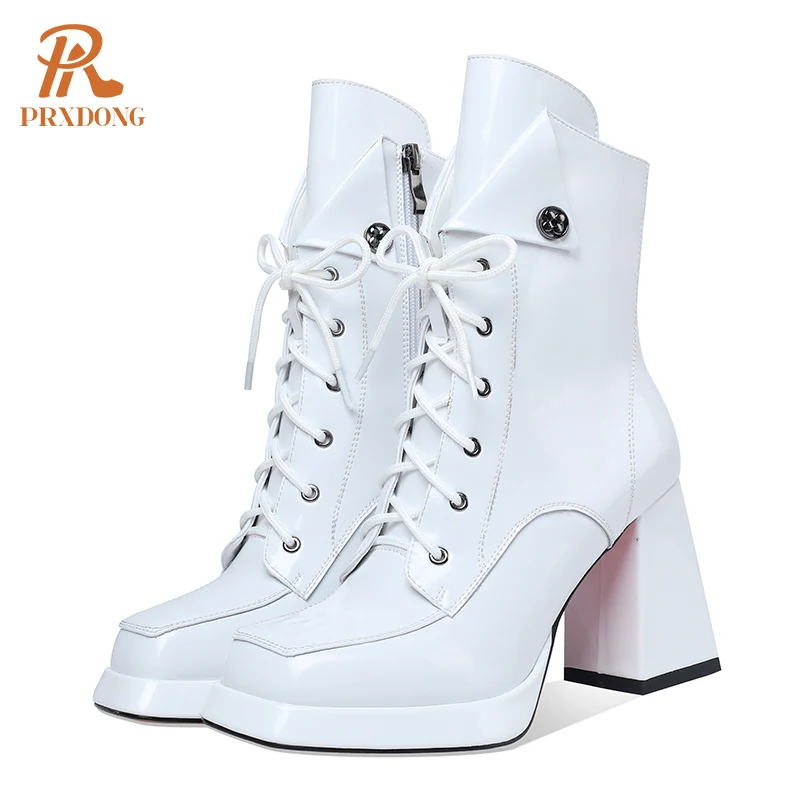 Women\'s 2022 New Autumn Winter Shoes Genuine Patent Leather Chunky High Heel Platform Black White Dress Party Female Ankle Boots